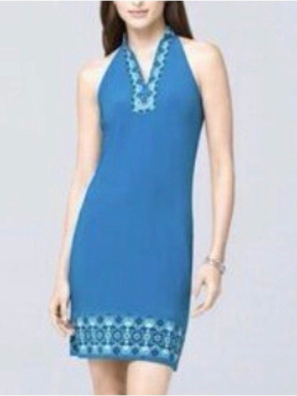 White House Black Market Teal Blue Sleeveless Mini Dress with Embroidered Trim